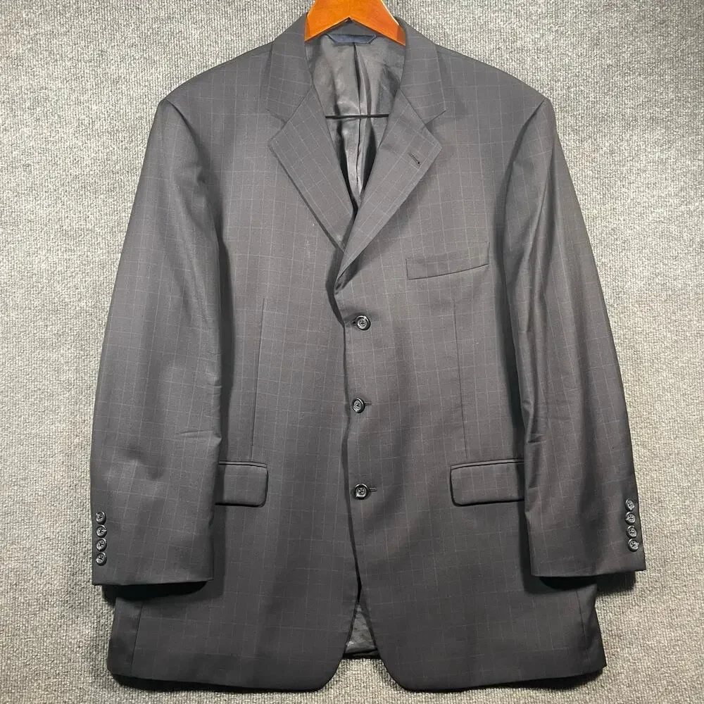 Burberry London Kensington Blazer 46R Gray/Blue Window Pane 100% Wool READ